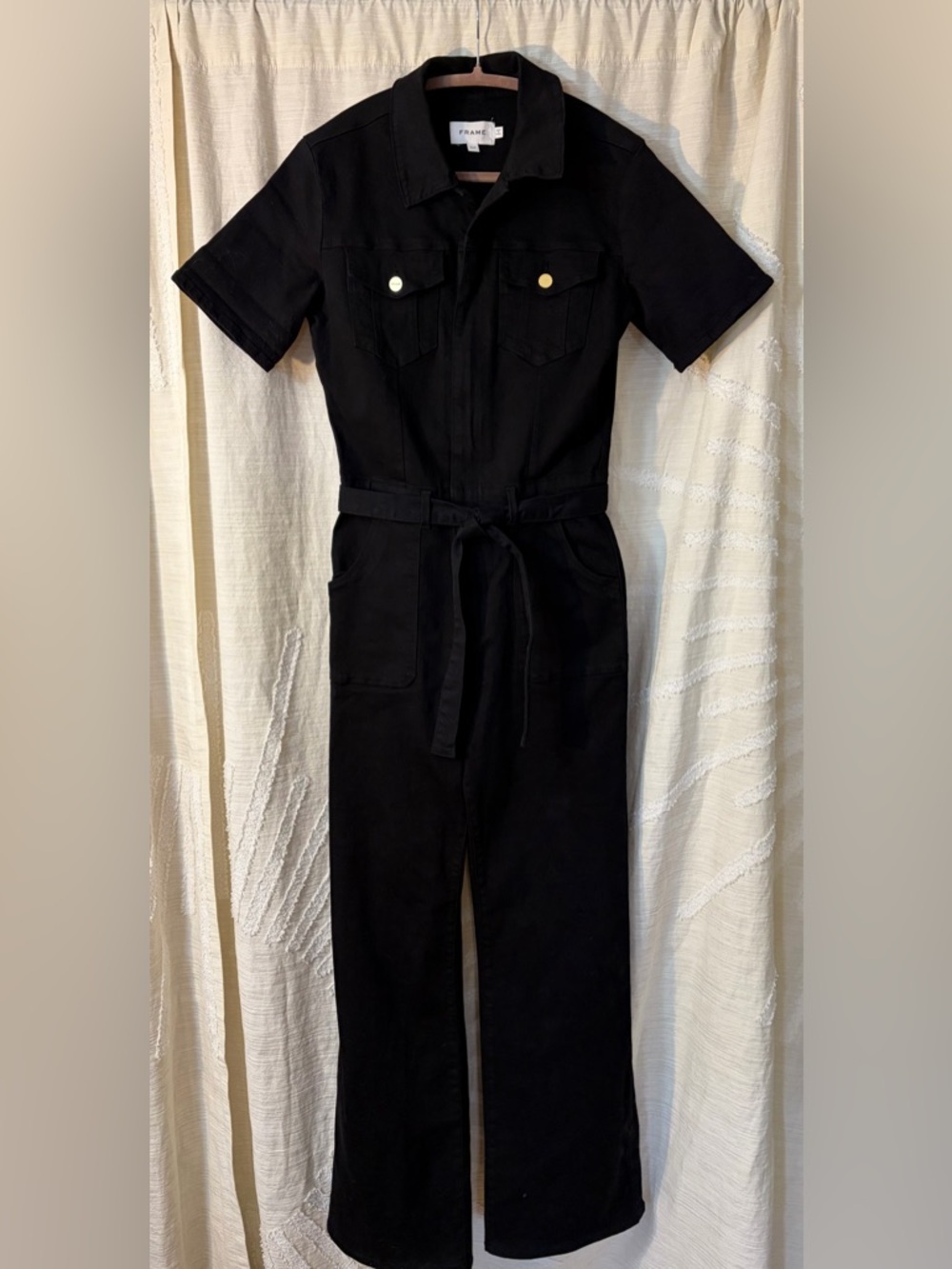 FRAME Film Noir Stretch Black Denim Utility Jumpsuit Flared Leg Tie Waist Sz S